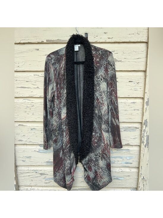 Alberto Makali Sweaters - Alberto Makali Snakeskin Print Open Front Longline Waterfall Fall Cardigan XL